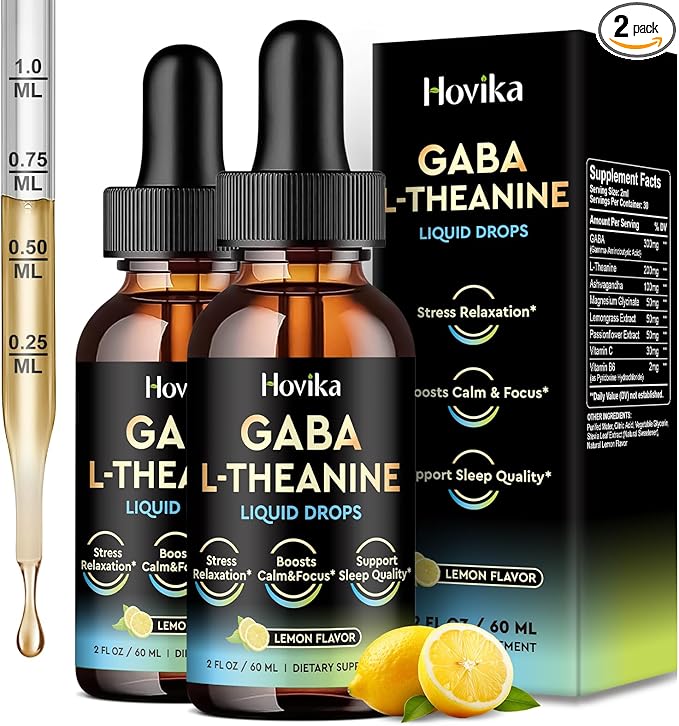 2 Pack GABA L-Theanine Drops - Liquid GABA Supplement with L-Theanine Ashwagandha Magnesium Glycinate Vitamin C B6 - Support Sleep Relaxation Calm Mood &amp Focus - Lemon Flavor