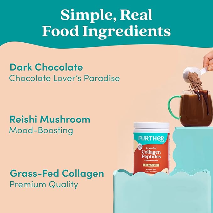 Further Food Chocolate Collagen Peptides Powder with Reishi Mushroom - 100% Grass-Fed Hydrolyzed Type 1 &amp 3 20g of Collagen per Serving Supports Skin Hair Nails &amp Joints 11.36 Oz