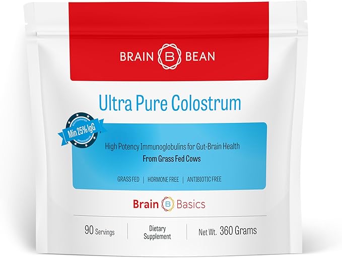 Brain Basics Ultra-Pure Colostrum 4000mg per Serving Min 25% IgG antibodies Gut-Brain-Immune Health Glowing Hair and Skin. Colostrum Powder from Grass-Fed Cows. 360 Grams - 90 Servings