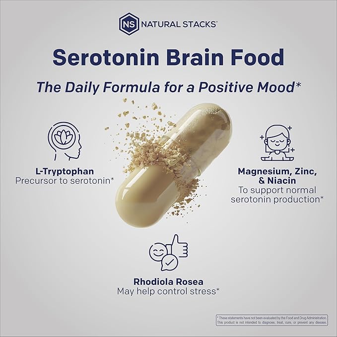 Serotonin Brain Food - 1250mg L-Tryptophan &amp 400mg Rhodiola Rosea Supplement - Mood Support Supplement for Stress Relief - Neurotransmitter Support with Magnesium Glycinate &amp Zinc - 60 Capsule