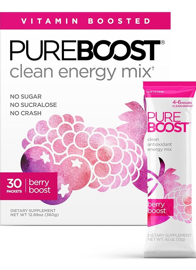 Pureboost Clean Energy Booster Refreshing Energy Drink Mix with B12 Vitamins Electrolytes Antioxidants Sugar-Free with No Sucralose (Berry Boost 30 Count)