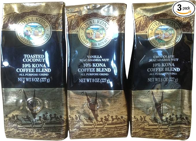 Royal Kona 10% Kona Coffee Blend Multi-Flavor - 3 Pack Ground Coffee (3 x 8 Ounce)