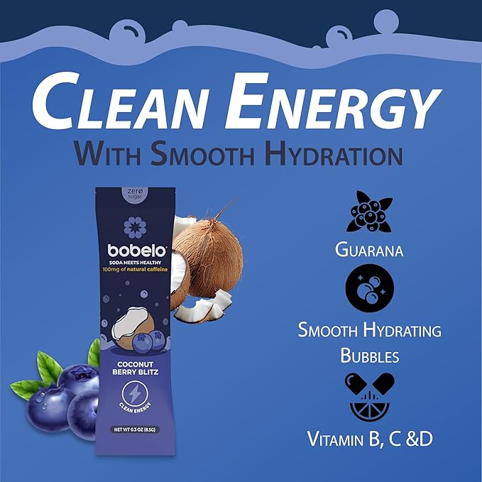 Bobelo Self Carbonating Clean Energy + Hydration Electrolytes Powder Drink Mix Coconut Berry Blitz 100mg Guarana Caffeine Sugar Free 15 Pack