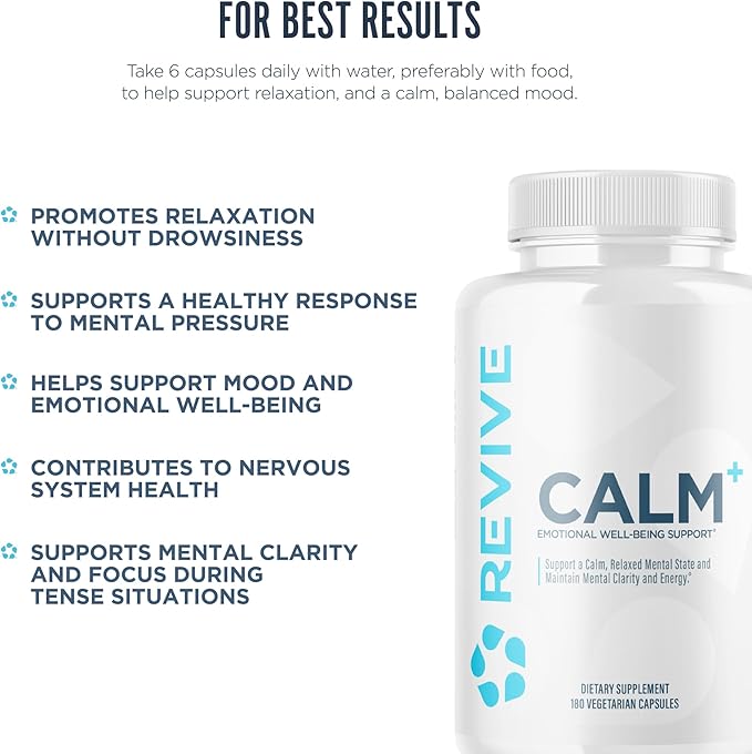 Revive MD Calm Emotional Well-Being Support Supplement - Stress Management for Men &amp Women - Mood Enhancement Supplement Promotes Relaxation with L-Theanine GABA &amp 5-HTP (180 Capsules 30 Se