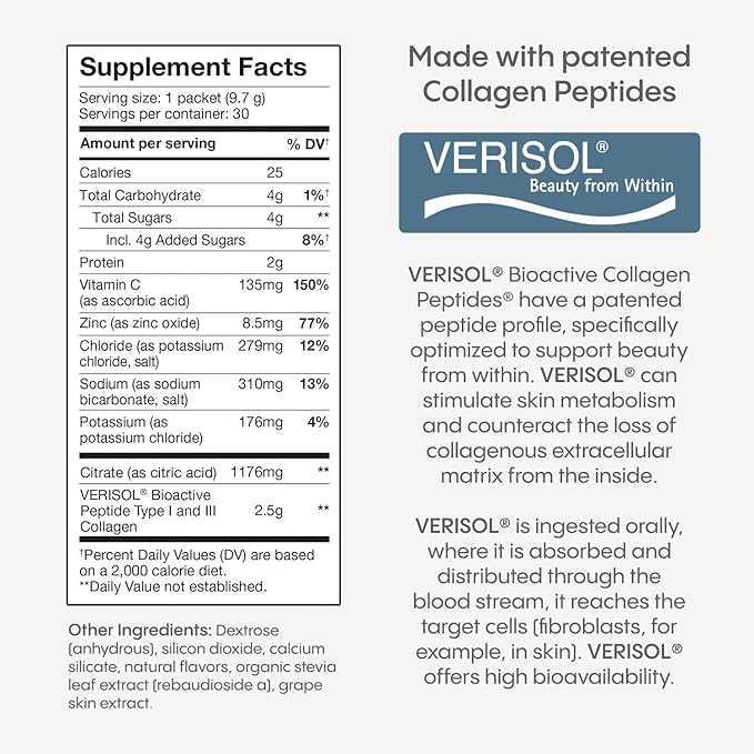 Hydralyte Verisol Collagen Packets with Electrolytes Hydration Packets with Collagen for Women and Men Electrolytes Powder with Collagen for Travel and Daily Hydration with Vitamin C (30 Count)