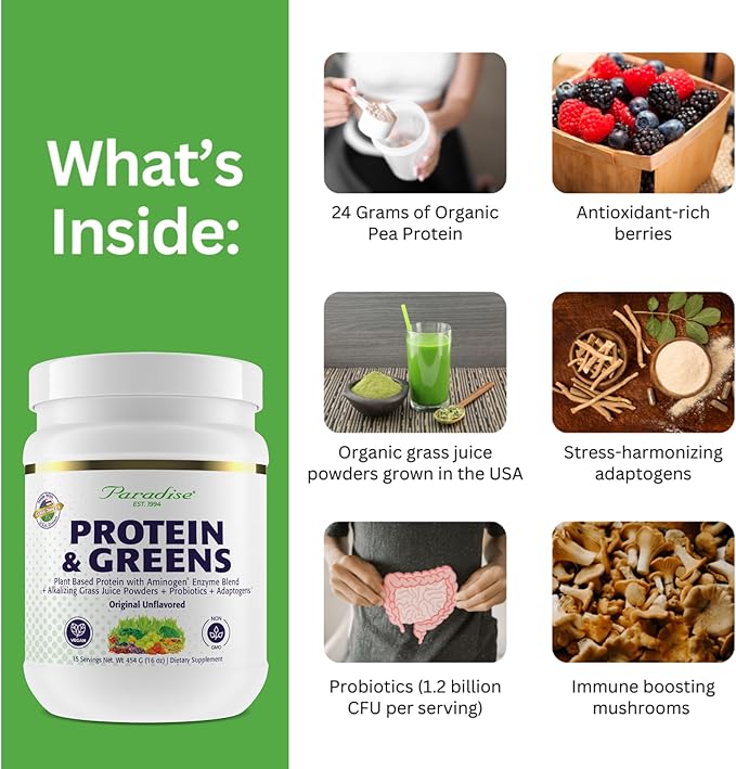 Paradise Herbs ORAC Energy Protein &amp Greens Powder Antioxidant Power of 24 Servings of Fruits &amp Vegetables in 1 Scoop + 20g Protein Unflavored 15 Servings