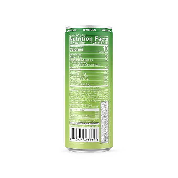 Be LOVE Energy + Flow – 80mg Natural Caffeine L-Theanine &amp Alpha-GPC for Clean Calm Focus – Zero Sugar Low Calorie 100% DV B-Vitamins – Non-GMO Vegan – 12 fl oz (Pack of 12) (Green Apple Spark