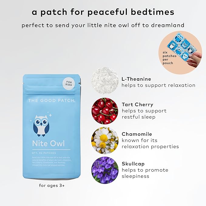 The Good Patch Nite Owl Patch Natural Sleep Patch Support for Kid Bedtime with Tart Cherry Chamomile and Skullcap Plant Powered Sustained Release (12 Total Patches)