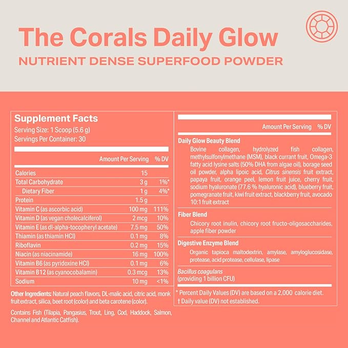 Proper The Corals Daily Glow Beauty Blend - Nutrient Dense Superfood Powder with Collagen Peptides Hyaluronic Acid Powder Vitamin C and MSM. Hair Skin Nail Vitamin Supplement for Women &amp Men