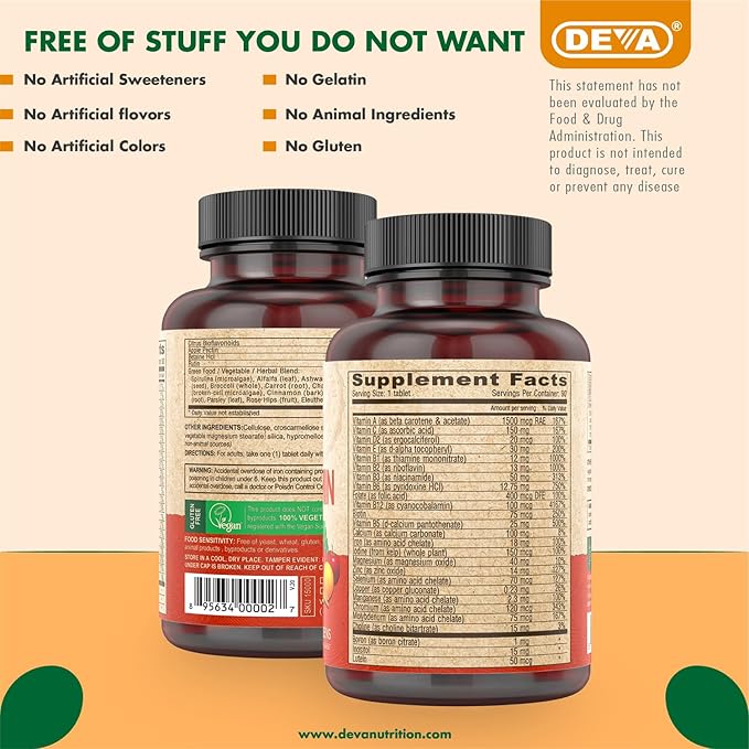 DEVA Vegan Multivitamin &amp Mineral Supplement with Iron 2-Pack Spirulina Chlorella Ashwagandha Broccoli &amp More 90 Coated Tablets Each