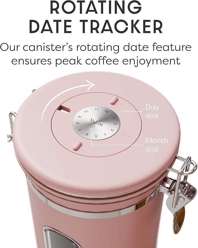 Veken Coffee Canister with Window Easter Gifts Airtight Stainless Steel Container with Lids Home Kitchen Food Storage Jars for Grounds Beans Tea Flour Cereal Sugar Basket Scoop 22OZ Pink