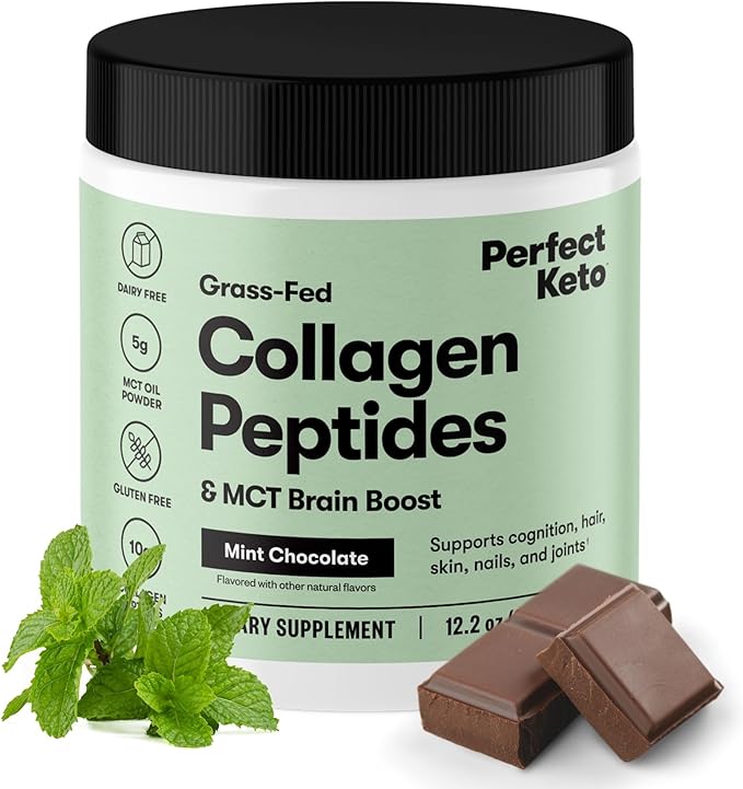 Perfect Keto Collagen Protein Powder with MCT Oil - Grassfed GF Multi Supplement Best for Ketogenic Diets Use as Keto Creamer in Coffee and Shakes for Women &amp Men (Mint Chocolate)