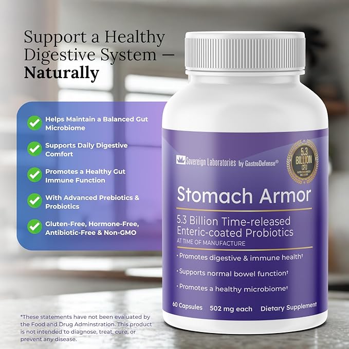 Stomach Armor - Shelf Stable Pre and Probiotic - Liposomal Colostrum-LD Enhanced. Beneficial Stains Colonize and Promote Gut Health Designed for Adult Women and Men