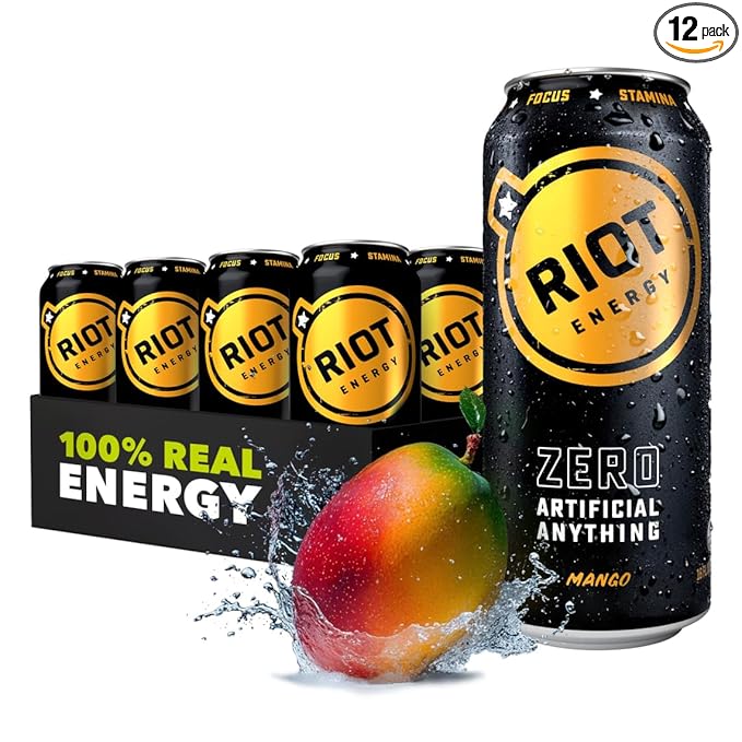RIOT Clean Energy Drink Mango Zero Artificial Anything No Sucralose Made with Real Fruit No Sugar Added Natural Healthy Energy Stamina &amp Focus 16 Fl Oz (Pack of 12)