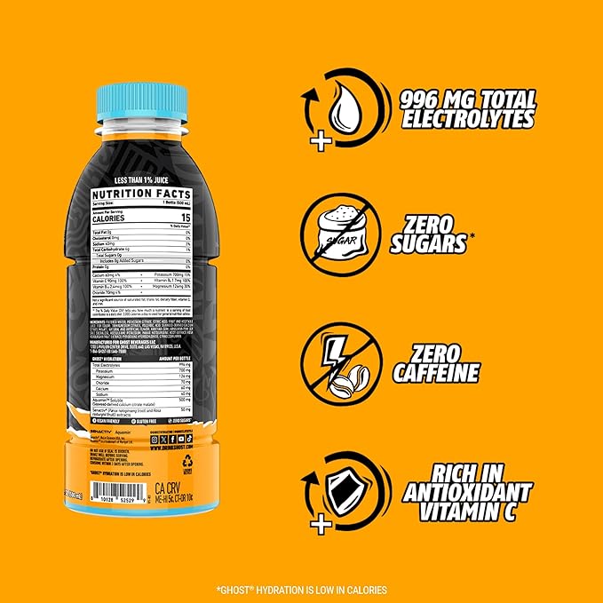 GHOST Hydration Drink Orange Squeeze - RTD Sports Drink with Electrolytes Natural Vitamins &amp Minerals - All Day Lifestyle Hydration Beverage - Zero Caffeine &amp Zero Sugars - 16.9 Fl Oz 12 Pa