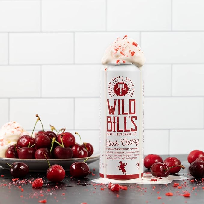 Wild Bill's Black Cherry Soda Classic Craft Soda Pop Soft Drinks Sodas Made with Pure Cane Sugar Caffeine Free NO High Fructose Corn Syrup Gluten Free Vegan Low Sodium 12 Oz 12 Pack