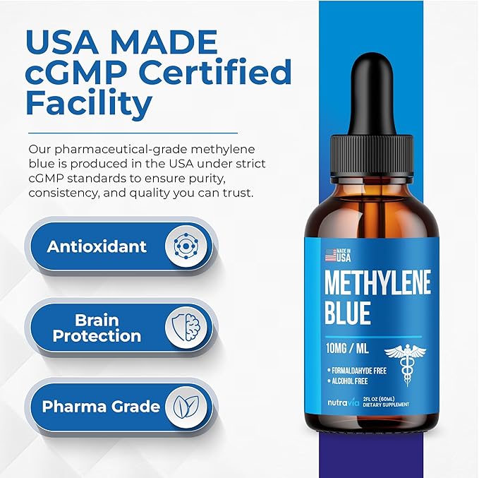 Methylene Blue Drops 1% USP Grade Third Party Lab Tested - USA Made - Formaldehyde Free Increased Absorption Blue Methylene Supreme Supplement for Humans Methane Azul De Metileno Para Humanos (2oz)