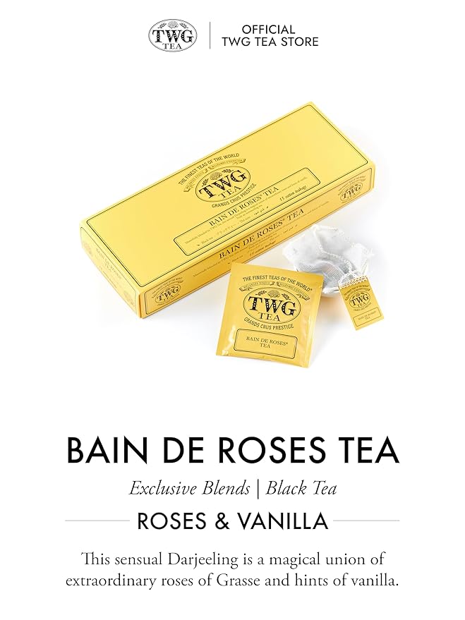 TWG Tea | Bain de Roses Tea | Black Tea | Rosebuds &amp Rose Petals | 15 Hand Sewn Cotton Teabags | Gift Set