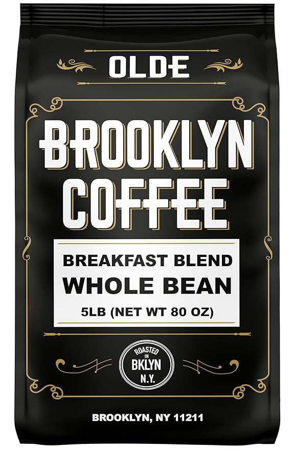BROOKLYN COFFEE Whole Bean Breakfast Blend Light Medium Roast (5lb) Delicate Smooth Low Acidity - Fresh Bulk Coffee Beans Roasted Weekly in NYC