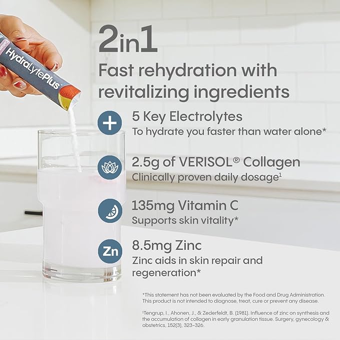 Hydralyte Verisol Collagen Packets with Electrolytes Hydration Packets with Collagen for Women and Men Electrolytes Powder with Collagen for Travel and Daily Hydration with Vitamin C (30 Count)