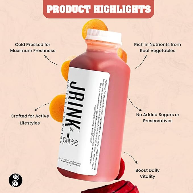 JRINK by Purée Raw Beet Juice Cold Pressed OrganicFruit and Vegetable Drink Stamina and Energy Boost Cleanse Gluten Free Healthy Cleanse with Ginger Blend 16 fl oz Bottles Pack of 18