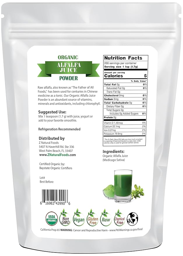 Z Natural Foods Organic Alfalfa Juice Powder Green Grass Superfood Powder Mix in Smoothies Drinks Recipes - Raw All Natural Non GMO Vegan Gluten Free - 1 lb