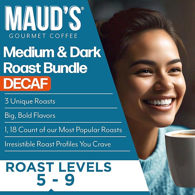 Maud's Decaf Dark Roast and Decaf Medium Roast Coffee Pods Bundle 54 ct Decaffeinated Coffee in Single Serve Pods – 100% Arabica Coffee Compatible with Keurig K Cups Maker