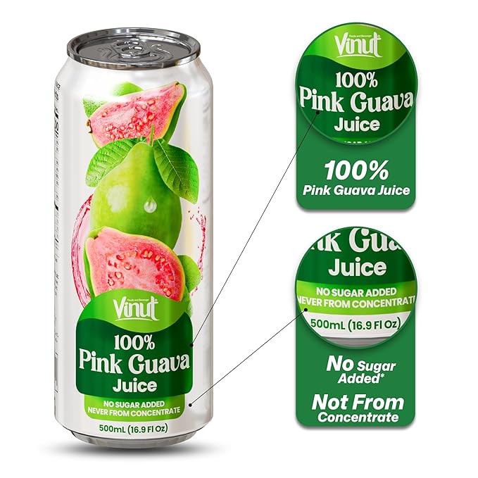 VINUT 100% Pink Guava Juice No Added Sugar Not From Concentrate 16.9 fl oz (500 mL) Can Pack of 12
