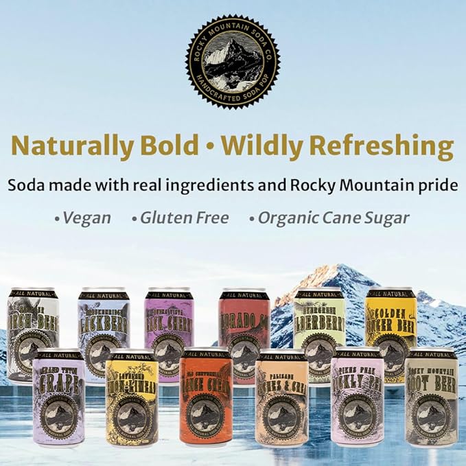 Rocky Mountain Soda 24‑Pack 12 Fl Oz Cans Small‑Batch Craft Soda Pop Gluten‑Free Vegan Organic Cane Sugar No Preservatives No Added Sodium 12 Flavors Variety Pack Soda Pop