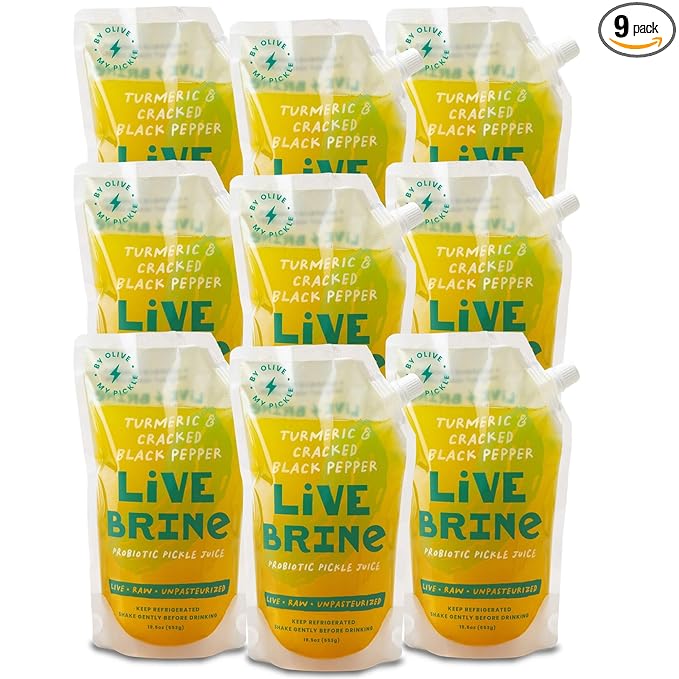Olive My Pickle Probiotic Pickle Juice - 175.5 Ounces | 9 Pack of LiveBrine Turmeric &amp Cracked Black Pepper Pickle Juice with Natural Probiotics and Digestive Enzymes for Gut Health - 117 Pickle S