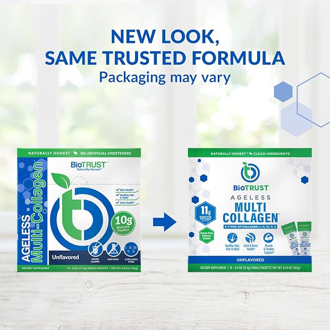 BioTrust Ageless Multi Collagen Peptides Powder – Types I II III V X – Unflavored Collagen Powder for Women &amp Men – Hydrolyzed Protein– Grass Fed Beef Fish Chicken Eggshell Membrane(16 pack