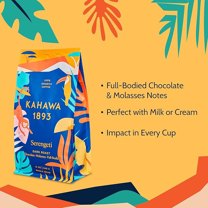 Kahawa 1893 Whole Bean Coffee Dark Roast Serengeti Blend 24 Oz - As Seen on Shark Tank Low Acid High Antioxidants Naturally Sweet Organically Grown Ethically &amp Sustainably Sourced