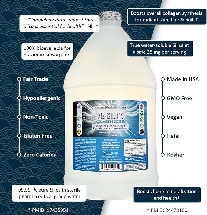 MediSILICA Collagen Booster Water-Soluble Silica Nutritional Supplement - 1 Gallon in Opaque Plastic Jug