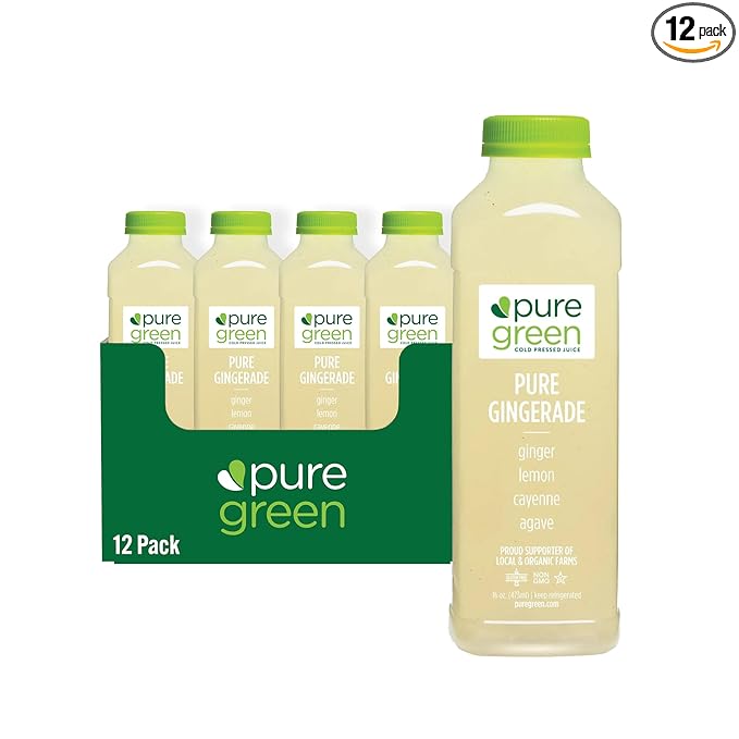 Pure Green Cold Pressed Juice - Pure Gingerade - Fresh Functional Blend with Agave Ginger Lemon Cayenne - Natural Gluten Free Non-GMO No Artificial Colors or Flavors - Made from Real Fruits &amp