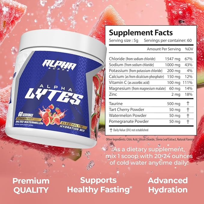Alpha Lytes - Electrolyte Powder Daily Hydration Drink Mix - Sugar-Free Zero Calorie Instant Formula with Trace Minerals and Antioxidants (60 Servings Salted Watermelon Strawberry)