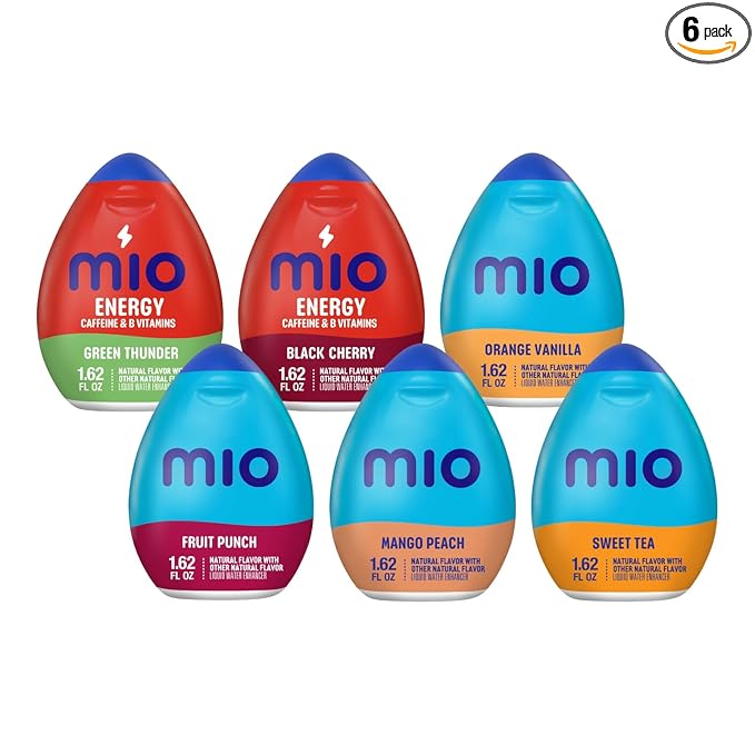 MiO Liquid Water Enhancer Variety Pack – Green Thunder Black Cherry Orange Tangerine Fruit Punch Mango Peach &amp Sweet Tea 1.62 fl oz Each. (Pack of 6)