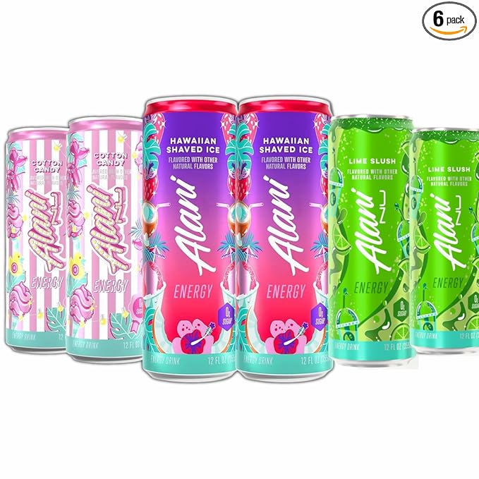 New Alani Energy Drink Variety Pack Cotton Candy Lime Slush Hawaian Shaved Ice Sugar Free Low Calorie 12 Fl Oz Cans 6 Pack (Packaging May Vary)