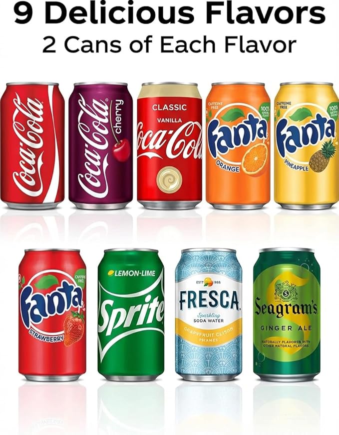 Soda Variety Pack 18PK – 9 Flavor Assortment of Coca-Cola Sprite Fanta &amp Seagram’s Ginger Ale – 12 oz Cans Mixed Soft Drinks for Parties Office Home &amp Events