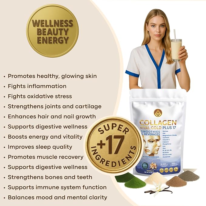 Vital Life Collagen Peptides Powder +17 Super Ingredients 1 lb (Pack of 12) Vanilla Flavor Supports Hair Skin Nails Bones Joints &amp Digestive Health Collagen for Women &amp Men.