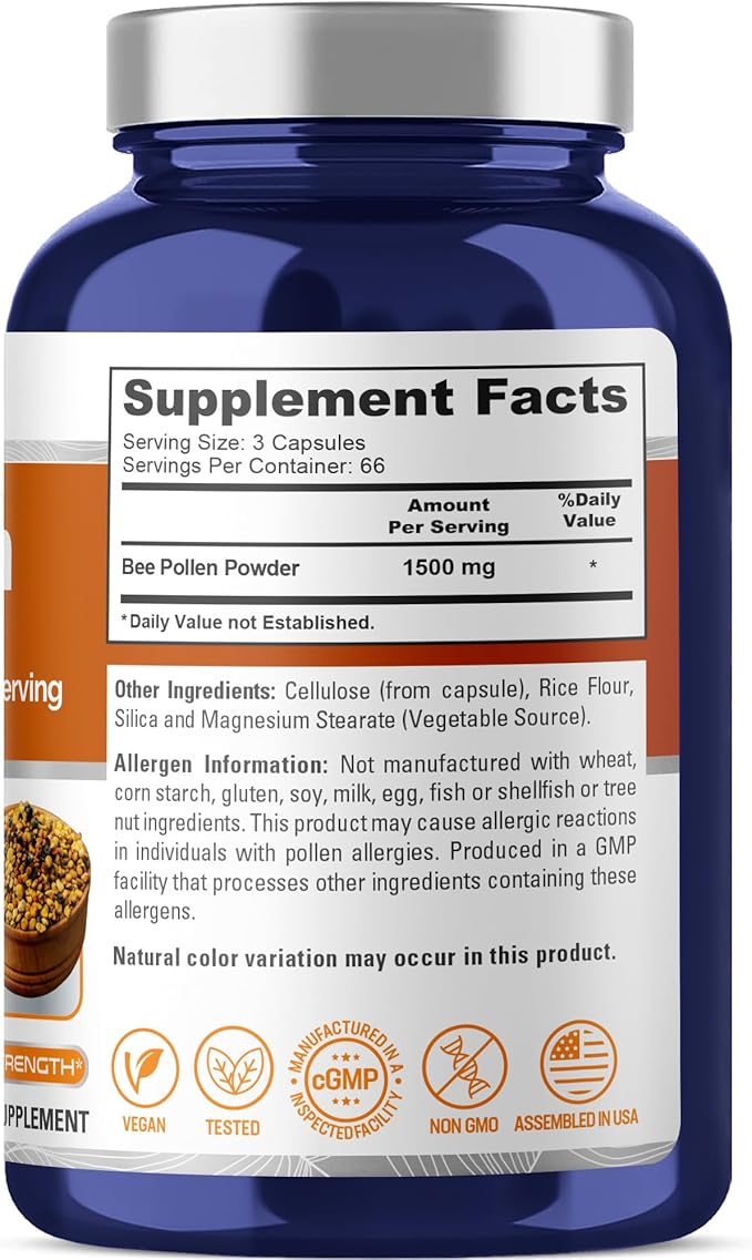 NusaPure Bee Pollen 1500mg 200 Veggie Caps (100% Vegetarian Non-GMO Vegan) Naturally Occurring Proteins Aminoacids
