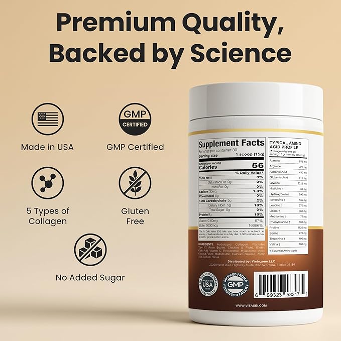 VITASEI Hydrolyzed Collagen Peptides Powder with Resveratrol &amp Vitamin C – Hair Skin Nails &amp Joint Support – Colágeno Hidrolizado for Women &amp Men – Delicious Chocolate Flavor 16 oz (30