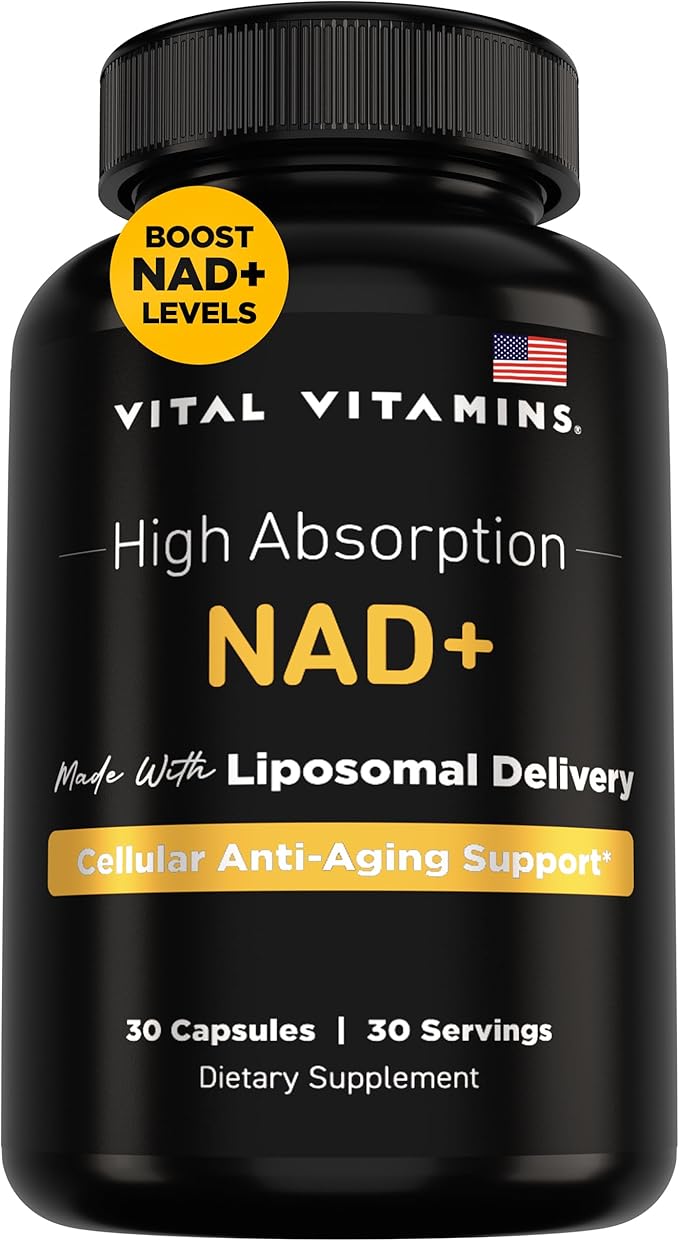 Vital Vitamins NAD Supplement - NAD+ (Nicotinamide Adenine Dinucleotide) for Men &amp Women - Made with Liposomal Delivery - Cellular Anti-Aging Support Energy Focus - 30-Day Supply