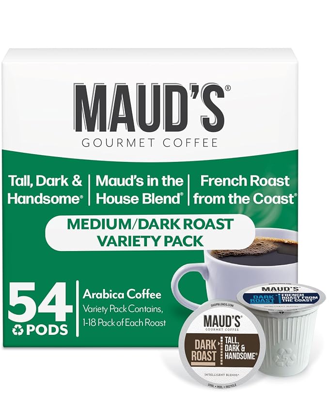 Maud's Dark Roast Medium Roast &amp French Roast Coffee Pods Bundle 54 ct Single Serve Pods – 100% Arabica Coffee Compatible with Keurig K Cups Maker