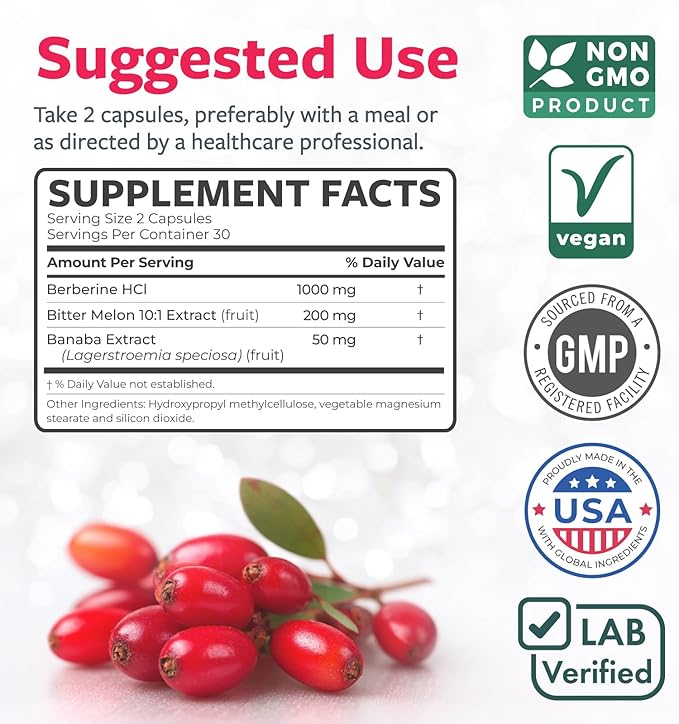 Berberine Supplement (Non-GMO &amp Vegetarian) Berberine HCL Plus Bitter Melon &amp Banaba Leaf Extract Capsules - Berberine 500mg Each 1000mg Per Serve - AMPK Metabolic Activator - 60 Caps (No Pil