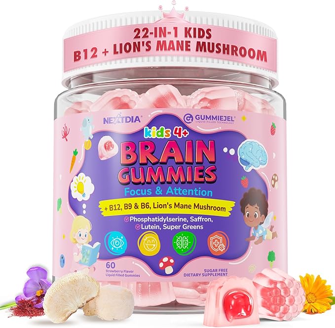 Kids Brain Gummies with Lion's Mane Mushroom Methyl B6 B9 B12 Super Greens Lutein Brain Booster Supplement for Focus &amp Attention Cognitive Function Vision &amp Energy Sugar Free Vegan 6