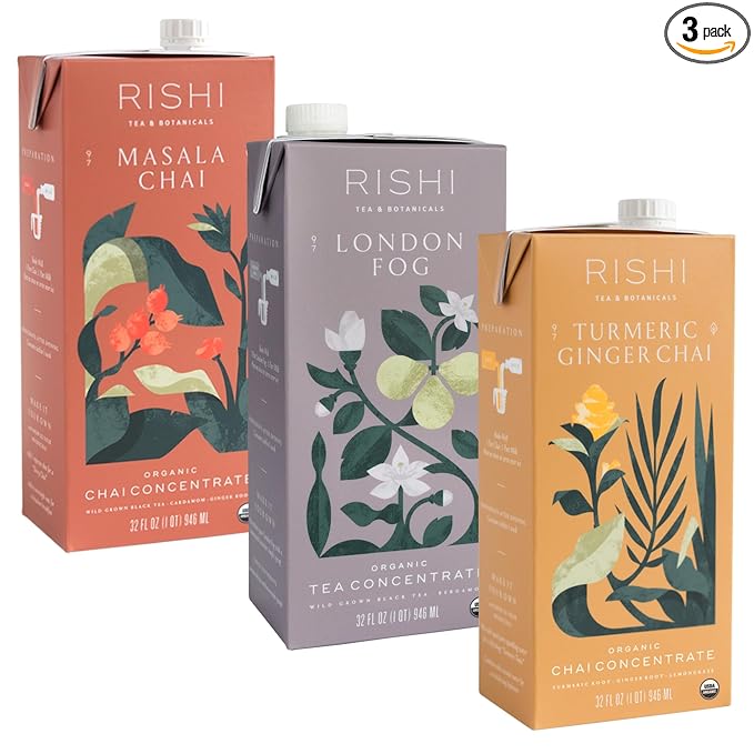 Rishi Tea Latte Concentrate Beverage Variety Pack - Organic Black and Caffeine-Free Chai Latte &amp London Fog Latte Sampler Easy-to-Serve Hot or Iced - 32 fl oz Carton 8 Servings (Pack of 3)