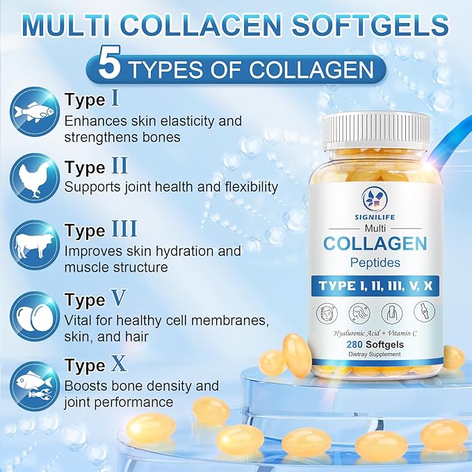 Multi Collagen Peptides for Women &amp Men Hydrolyzed Collagen Peptides-Type I II III V X - with Hyaluronic AcidVitamin CBiotinSupports Skin Hair Nail Non-GMO 280 Softgels