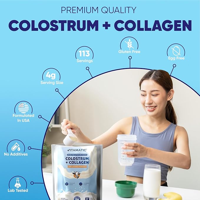 Vitamatic Bovine Colostrum + Collagen Powder - Supplement for Gut Health Hair Growth Beauty Muscle Recovery &amp Immune Support - Easy to Mix - Unflavored - 454 Gram (16 oz)