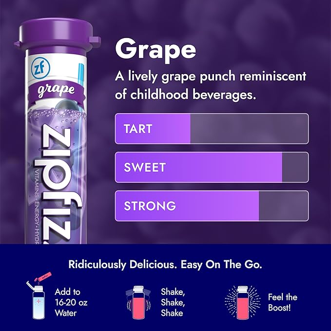 Zipfizz Daily Energy Drink Powder Grape 12 Pack | 3-in-1 Sustained Energy Rapid Hydration and Essential Vitamins | Sugar-Free | Electrolyte Powder | Contains Vitamin B-12 &amp Antioxidants