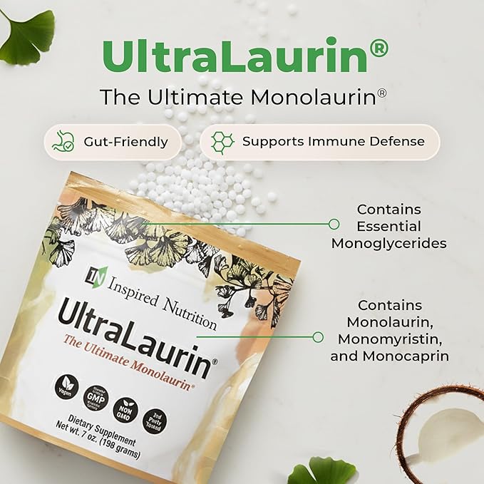 UltraLaurin® Monolaurin Supplement – 3000 mg Coconut-Derived Pellets for Immune &amp Gut Health Support Digestive Wellness – 7 oz - 66 Servings – Vegan Non-GMO Natural Immune &amp Digestive Supp